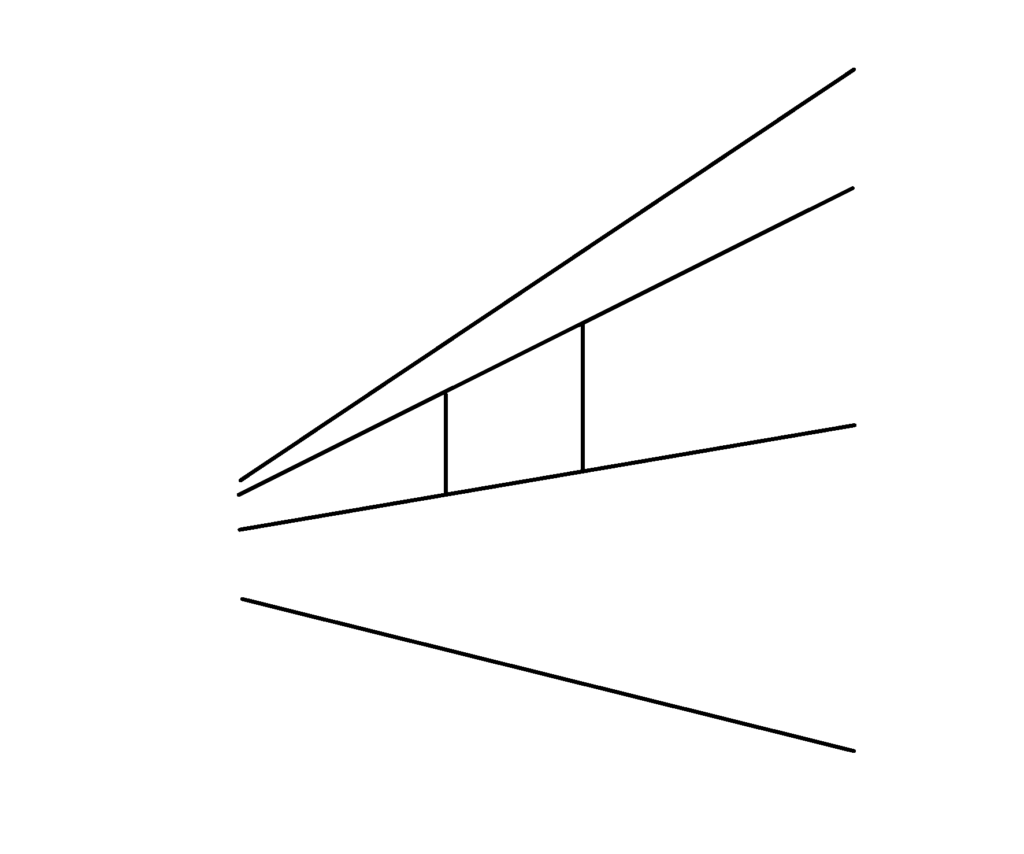 パース線を活かして加筆して行く。
垂直の2 本の線を加筆し窓を描いています。