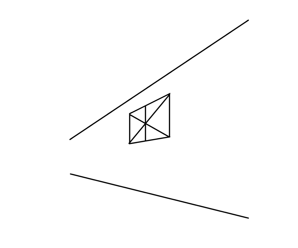 四角の中に対角線 を描くと中心が出るので、垂直線を加筆します。