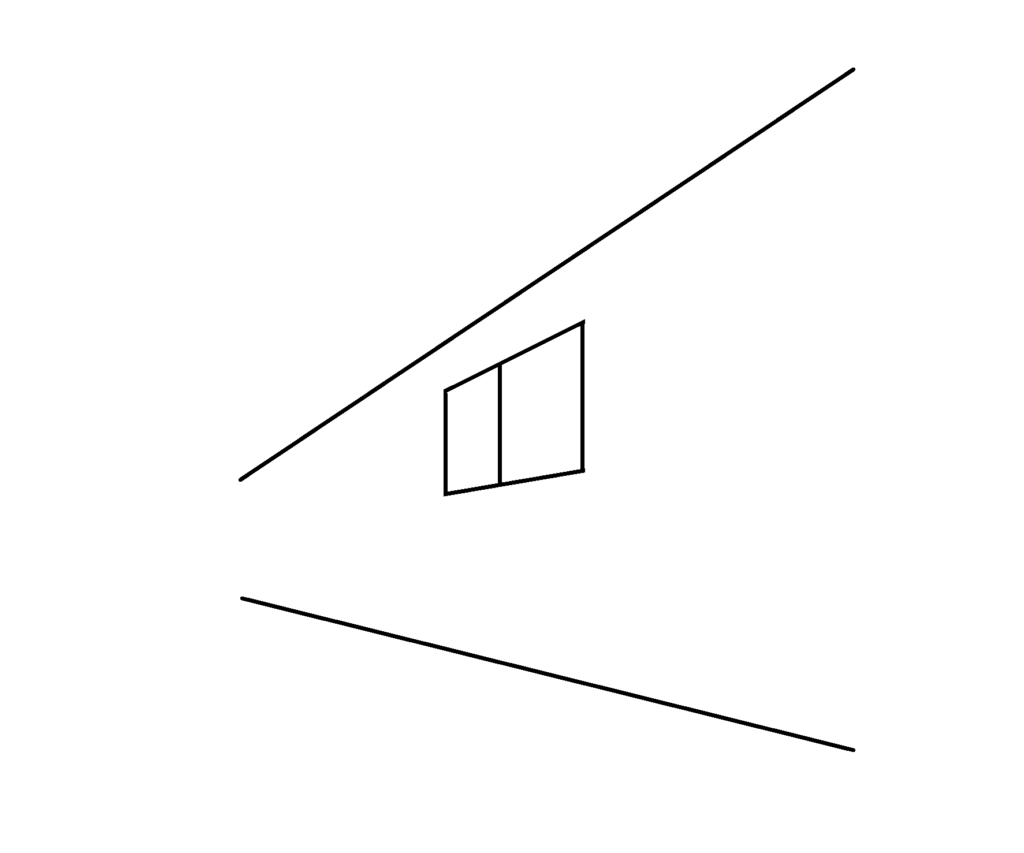 目安の対角線を消すと、パース( 遠近) に沿った窓が描けます。